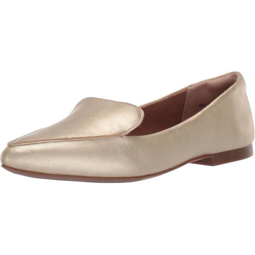 Womens Gold Faux Leather Closed Pointed Toe Low Wedge Heels Loafer Flat